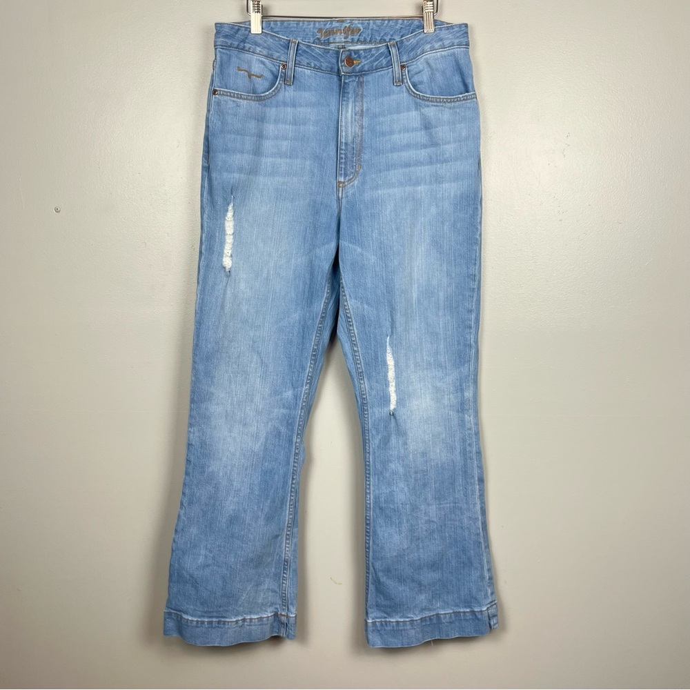 Kimes Ranch light wash Jennifer distressed boot cut jeans, size 12.